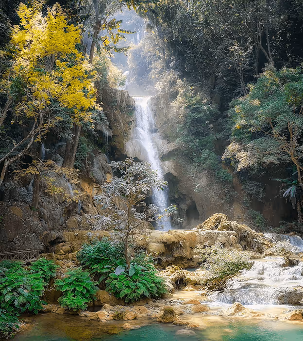 Waterfall cascading down rocky cliffs surrounded by lush tropical vegetation and trees with sunlight filtering through.