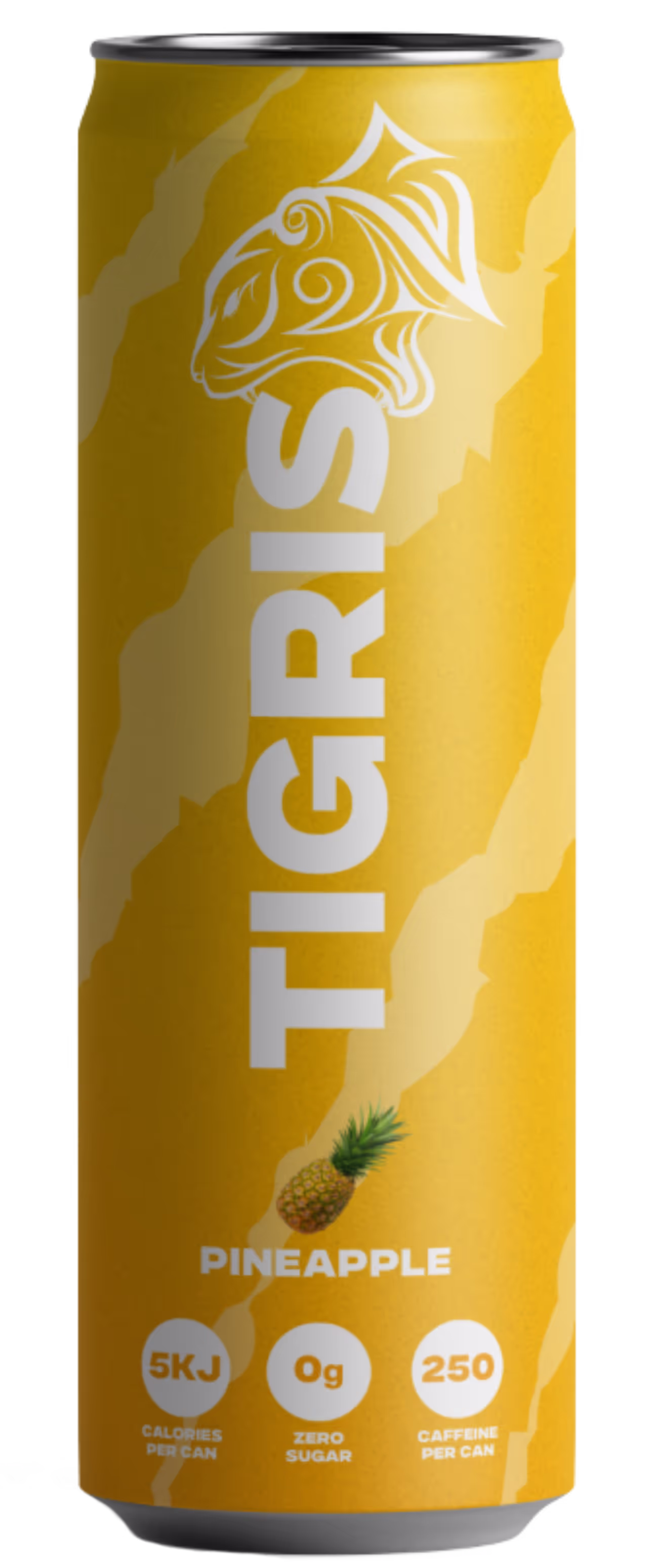 A yellow can of Tigris with a pineapple on the front.