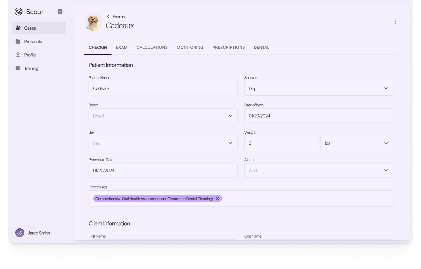Veterinary software screen showing patient info for dog named Cadeaux with procedure dental cleaning.