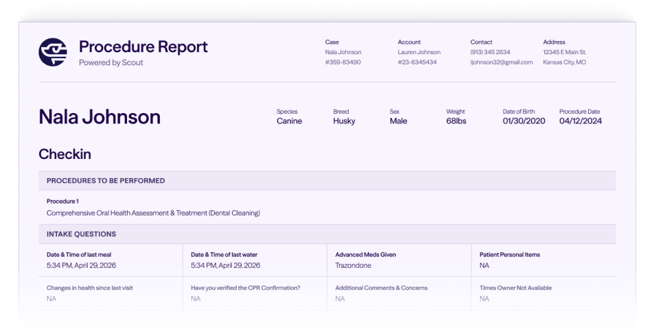 Procedure report for Nala Johnson, a male Husky dog, detailing oral health treatment and intake questions.