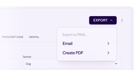Export menu showing options to export to PIMS by Email or Create PDF from a pet record interface.