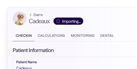 User interface showing patient info for Cadeaux with tabs for Checkin, Calculations, Monitoring, and Dental.