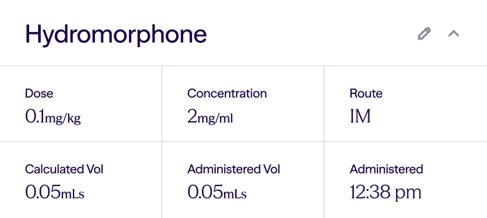 Hydromorphone dose and administration details including dose, concentration, route, volumes, and time given.