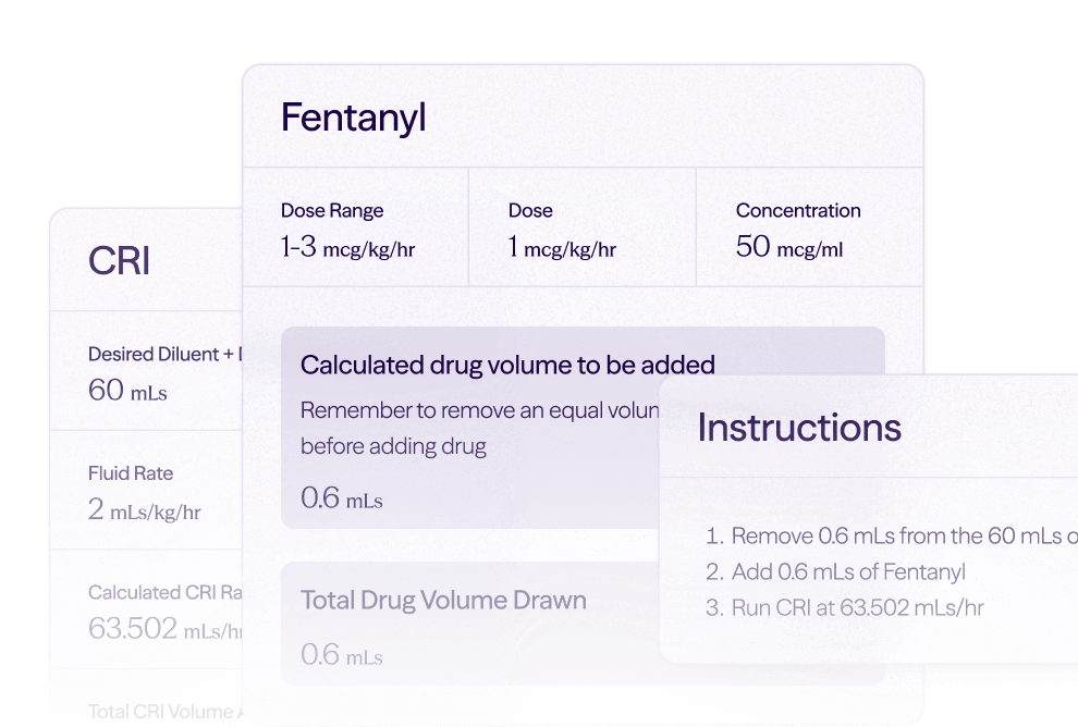 Fentanyl dosage and infusion instructions with calculated drug volume and CRI infusion rates.