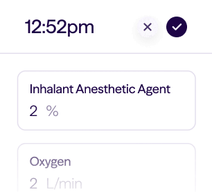 Medical interface showing time 12:52pm, inhalant anesthetic agent at 2%, and oxygen at 2 L/min.