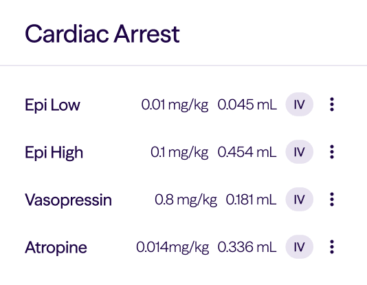 Table listing cardiac arrest drugs, dosages in mg/kg and mL, with IV route for each drug.