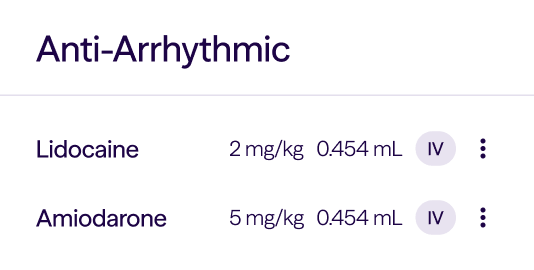 Dosage details for anti-arrhythmic drugs lidocaine and amiodarone with IV administration info.