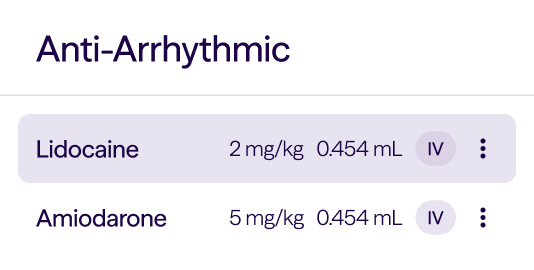 Medication list titled Anti-Arrhythmic showing Lidocaine 2 mg/kg 0.454 mL IV and Amiodarone 5 mg/kg 0.454 mL IV.