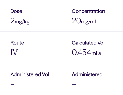 Table showing Dose 2 mg/kg, Concentration 20 mg/ml, Route IV, Calculated Vol 0.454 mLs.