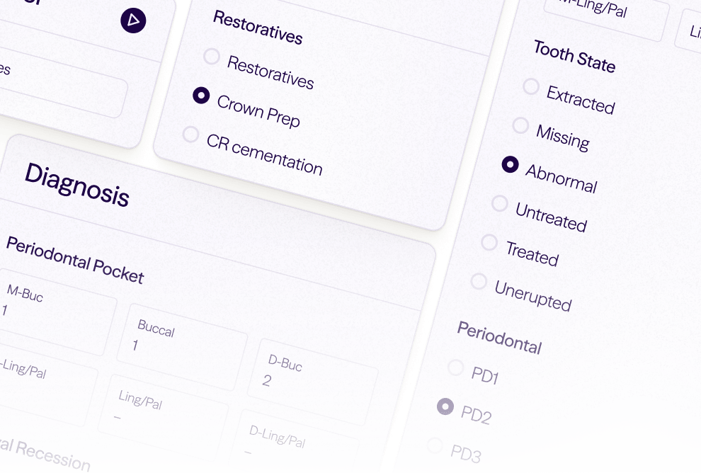 Dental form screenshot showing diagnosis and tooth state options with checkboxes and inputs.