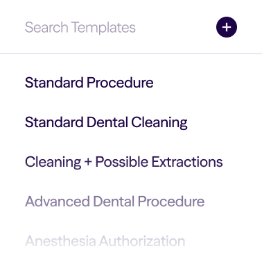 Search Templates heading with plus icon and list of dental procedure templates below.