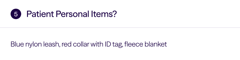Checklist item 5 titled 'Patient Personal Items?' with blue leash, red collar, and fleece blanket noted.