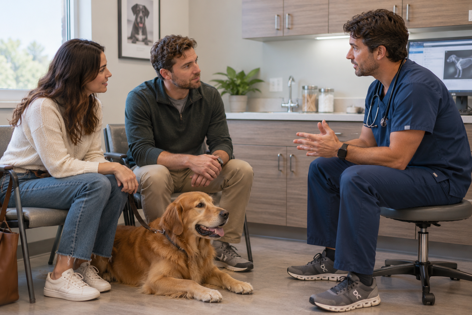 Veterinarian talks to pet parents about anesthesia risks as part of the procedure check-in.