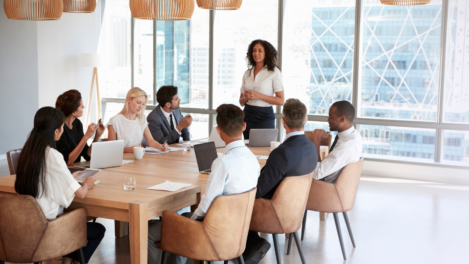 A person giving a presentation to a group of people in a conference room