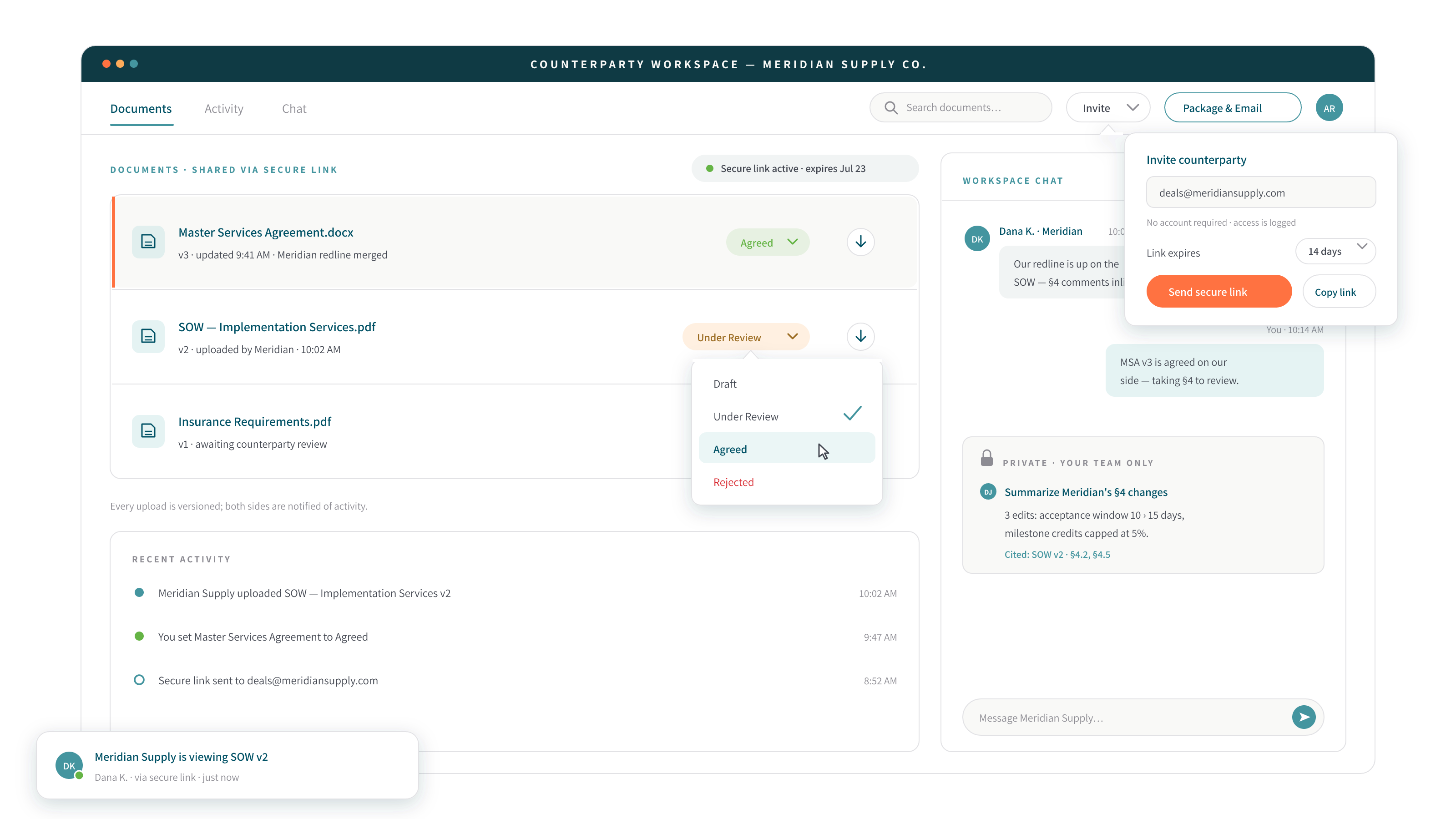 DocJuris Counterparty Workspace — secure deal room illustration