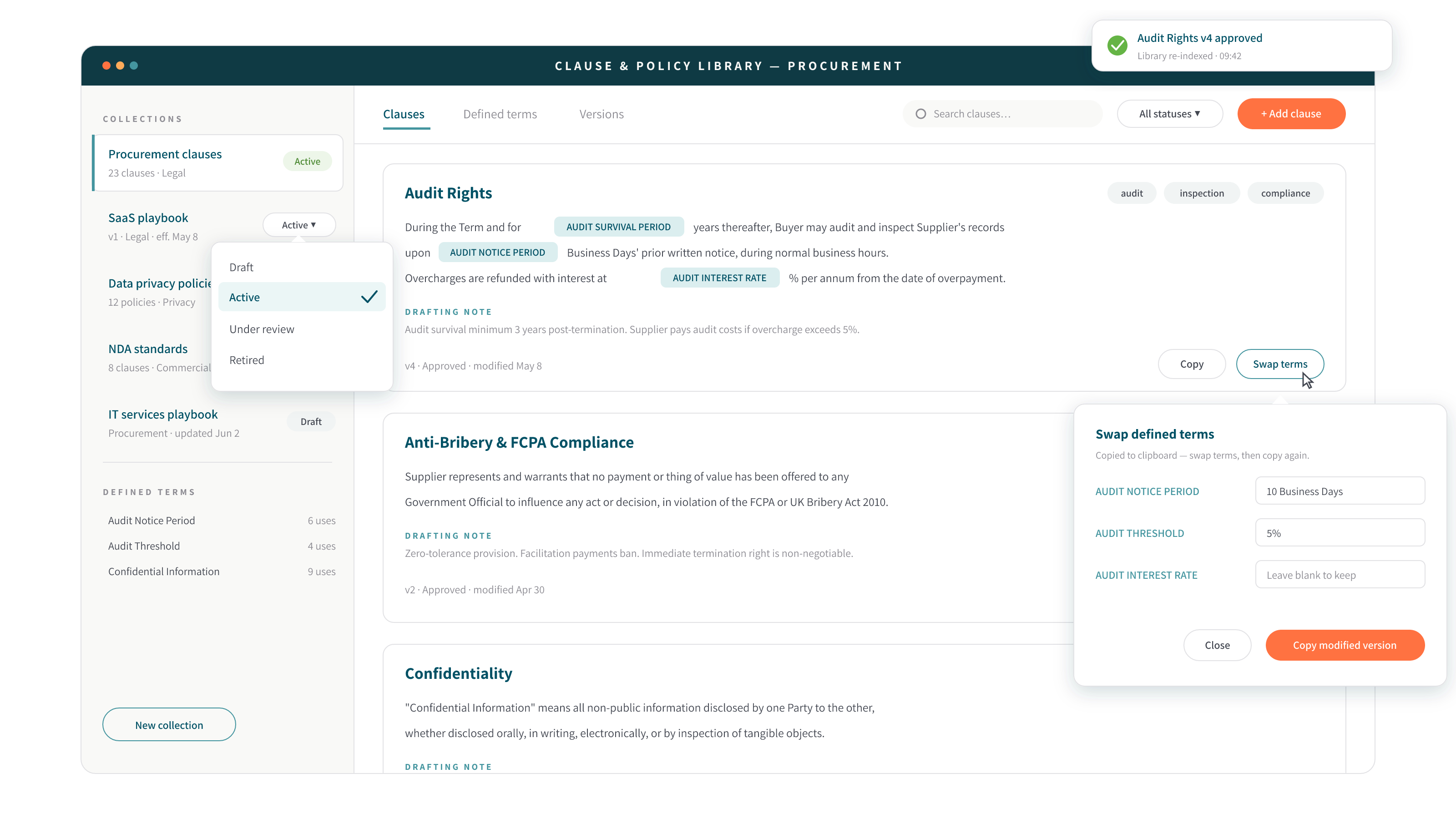 DocJuris Legal Knowledge Library — governed clauses and playbooks illustration