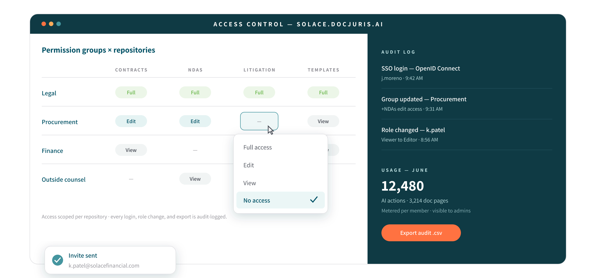 Permission groups and usage metering — DocJuris product illustration