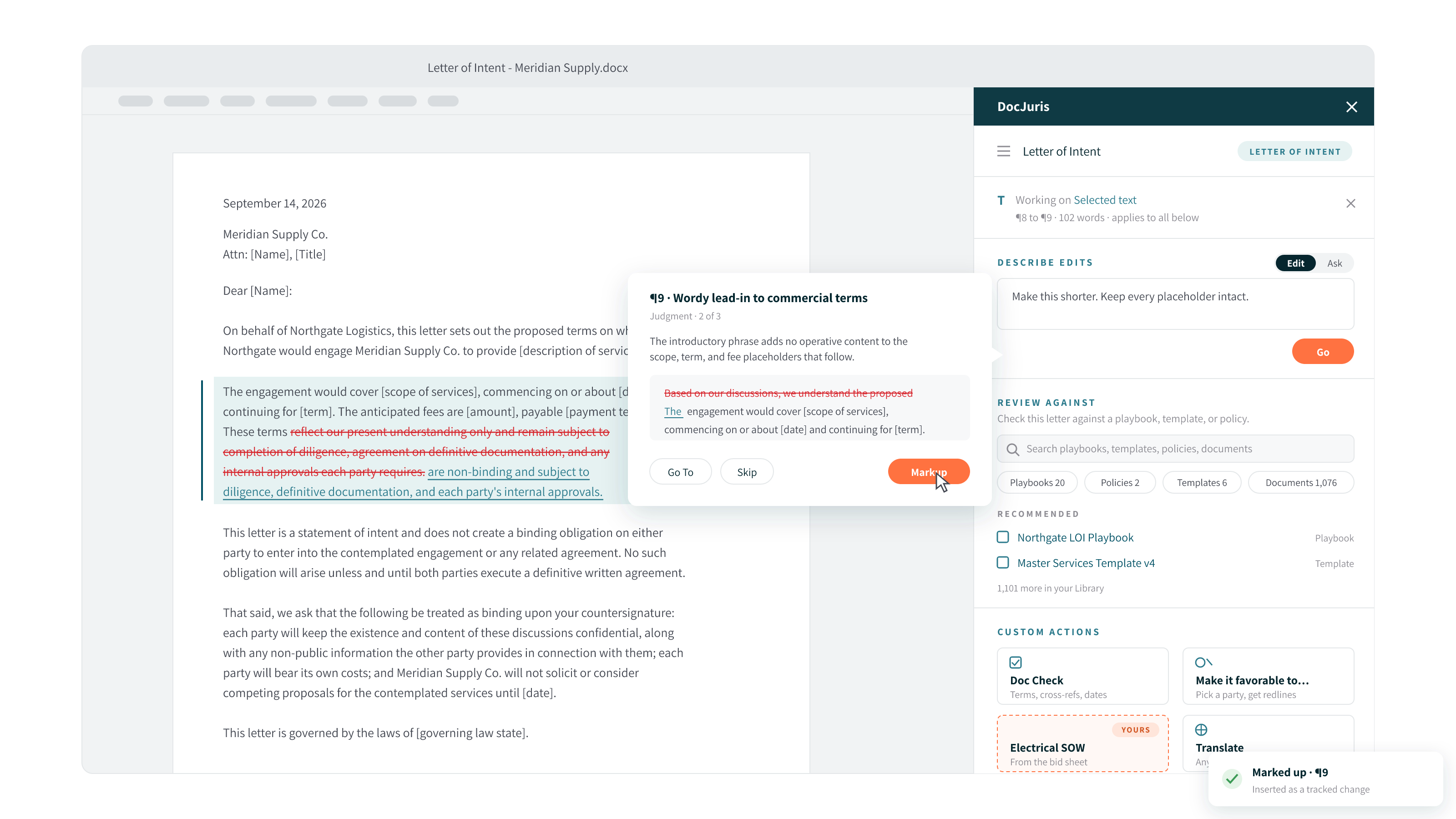 DocJuris now works inside Microsoft Word: ask about the open document, review it against your Library, and run Custom Actions built for your team's own workflows.