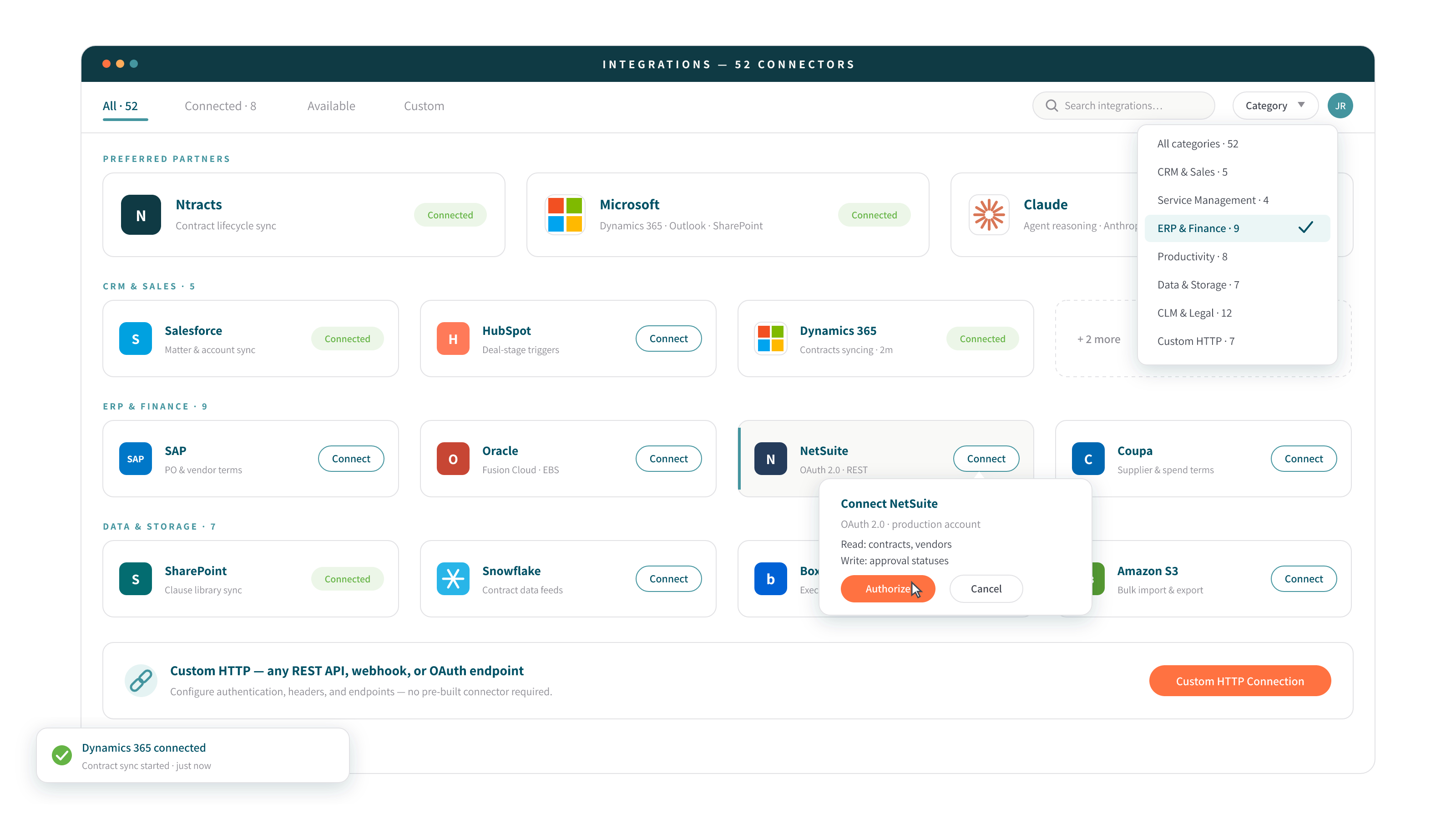 DocJuris integrations dashboard showing 52 connectors across CRM, ERP, and data storage categories