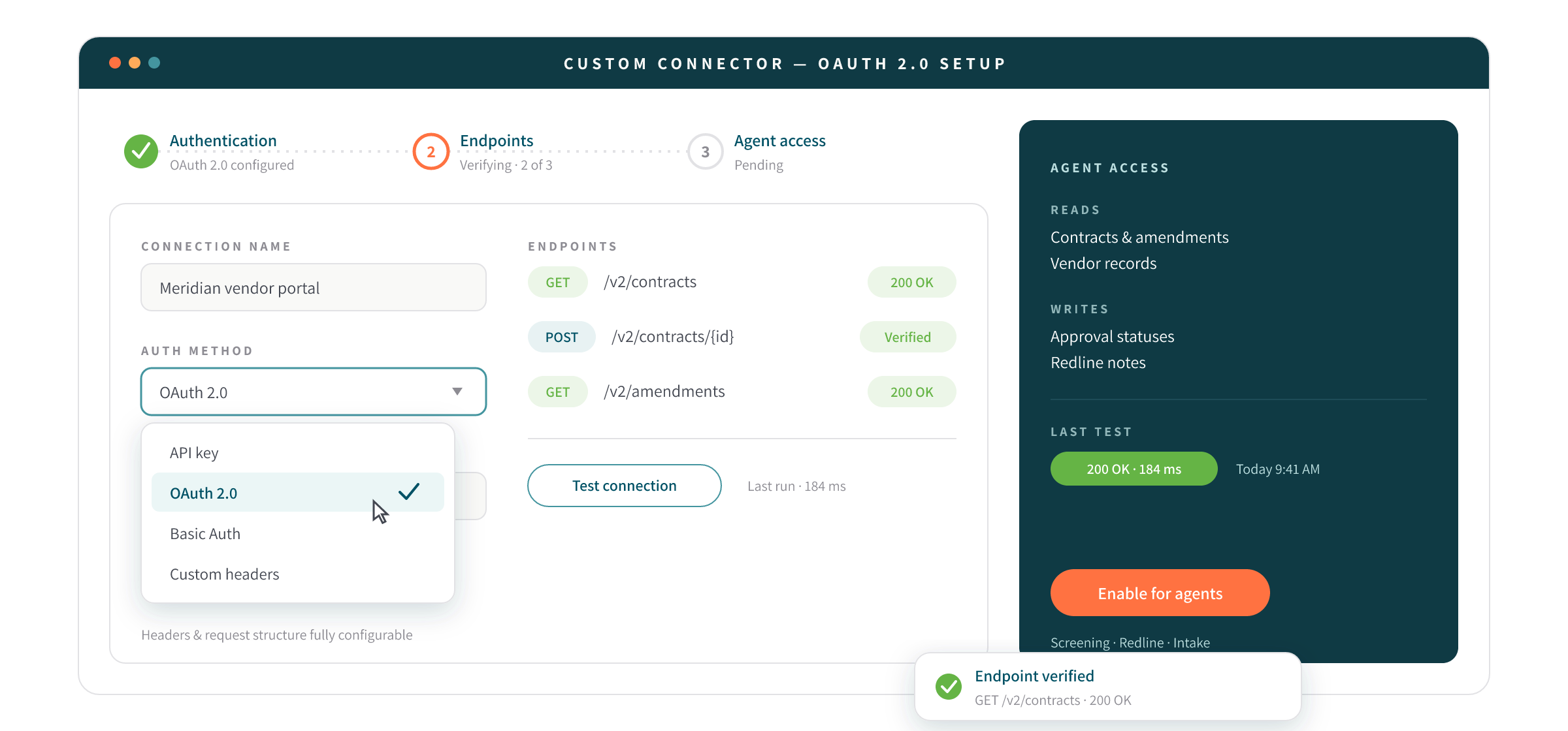 Custom connector setup with OAuth 2.0 authentication, verified endpoints, and agent access controls