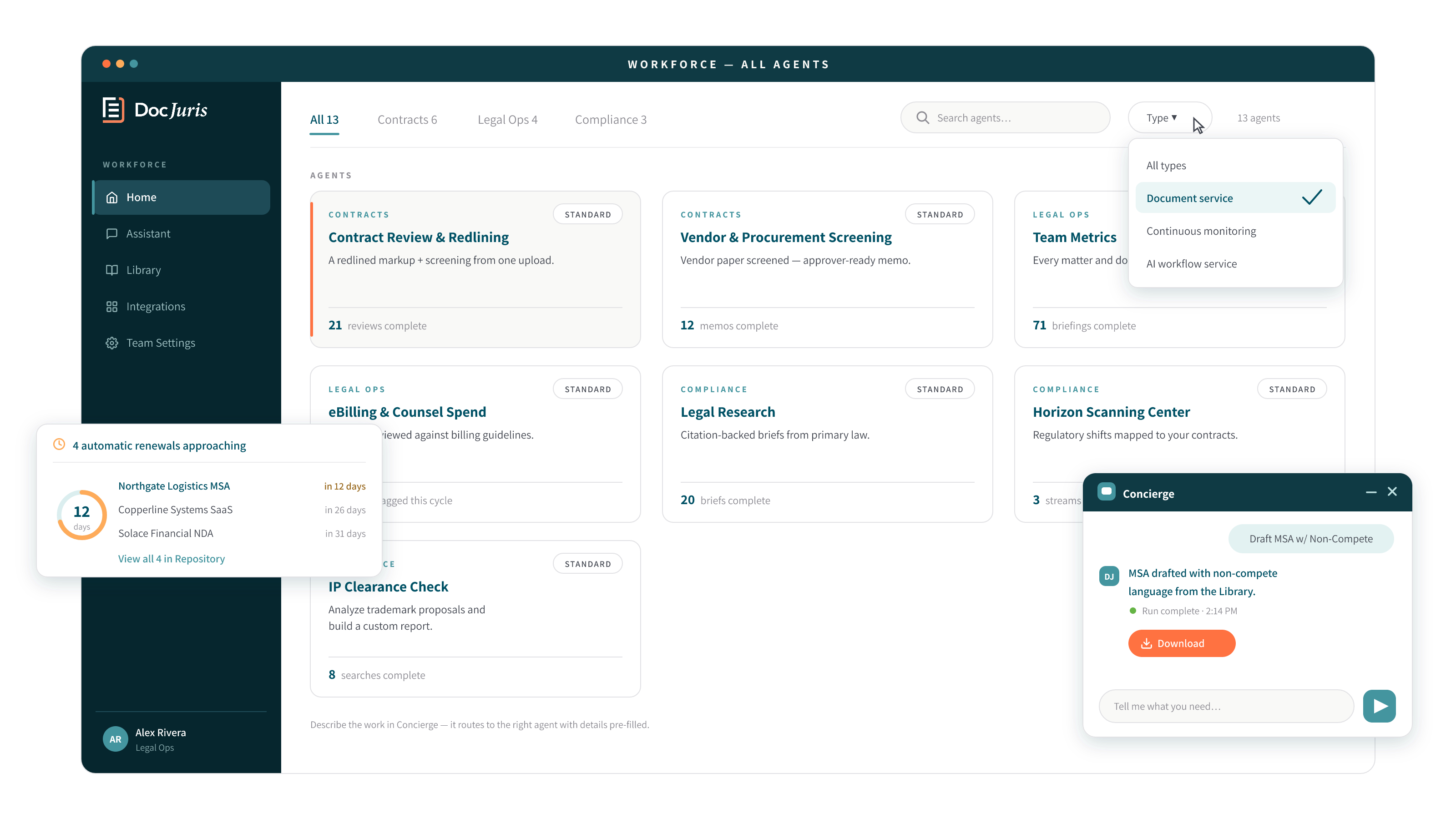 The DocJuris Workforce — all-agents dashboard with contract, legal ops, and compliance agents, renewal alerts, and the Concierge assistant