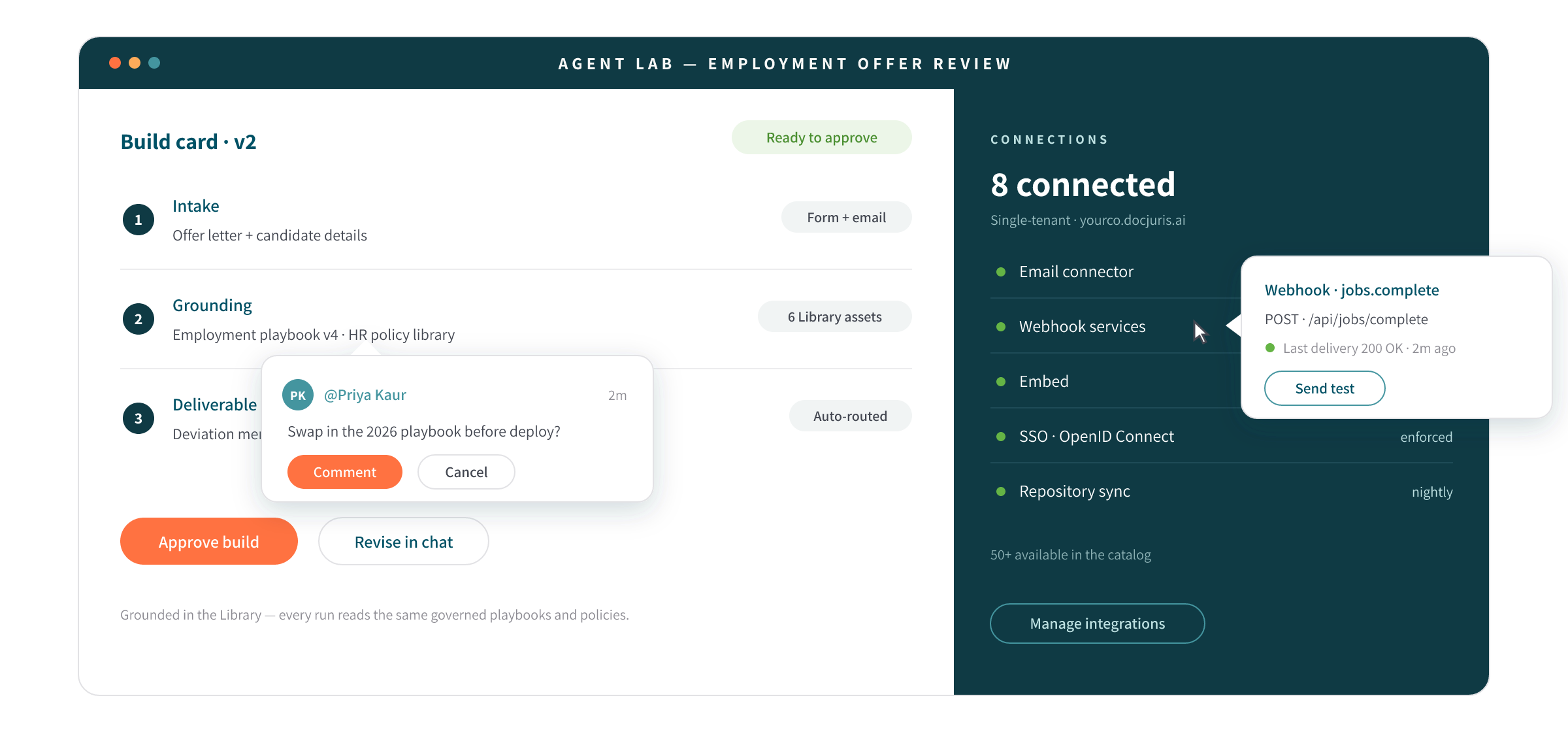Agent Lab, an employment offer review agent's build card ready to approve, with eight live connections including email, webhooks, SSO, and repository sync