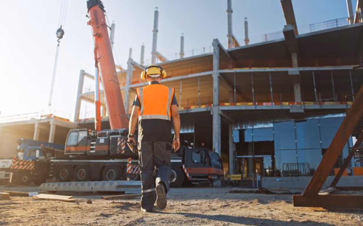 Construction worker in orange vest and helmet walking toward a crane and building under construction.