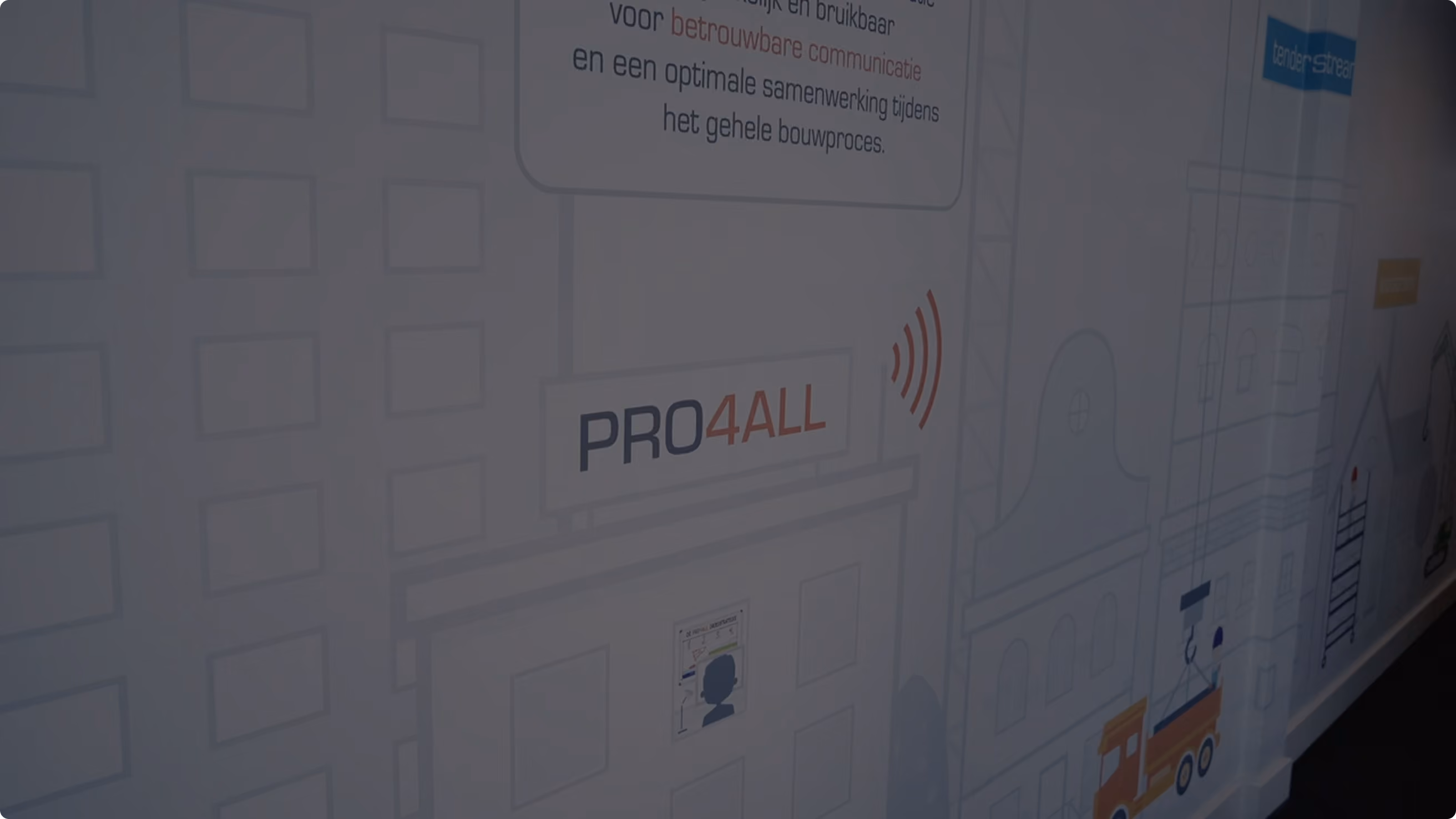 Wall mural showing a building with the text PRO4ALL and construction-themed illustrations.