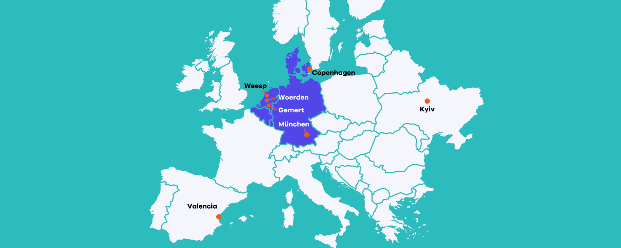 Map of Europe highlighting Germany in blue with marked cities and dots including Copenhagen, Kyiv, and Valencia.