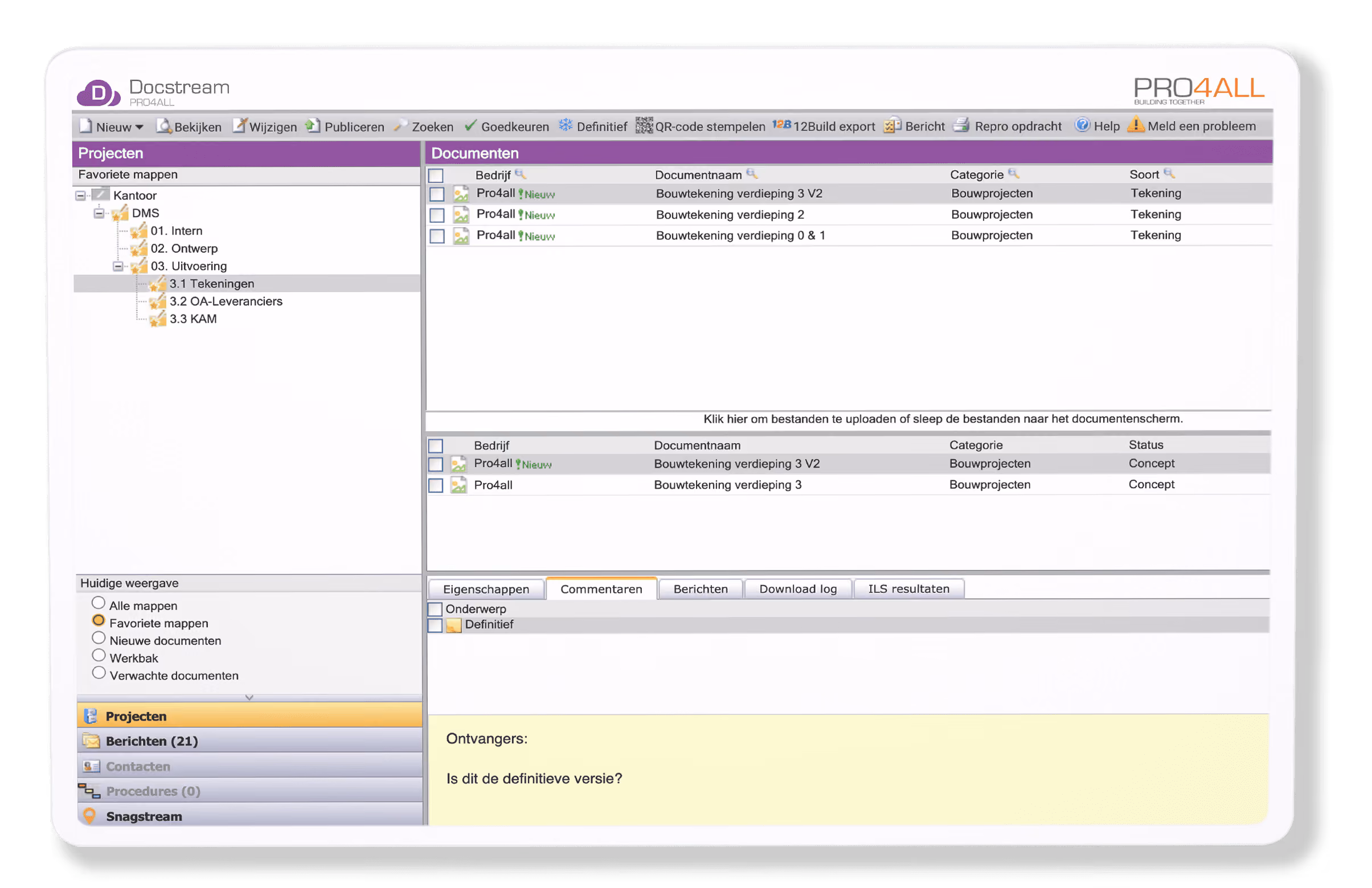 Docstream software interface showing project folders and construction drawing documents in a management system.
