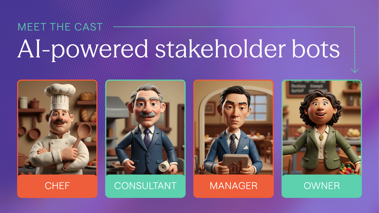 Meet the Cast — the four AI personas from BoodleBox's DePaul case study simulation