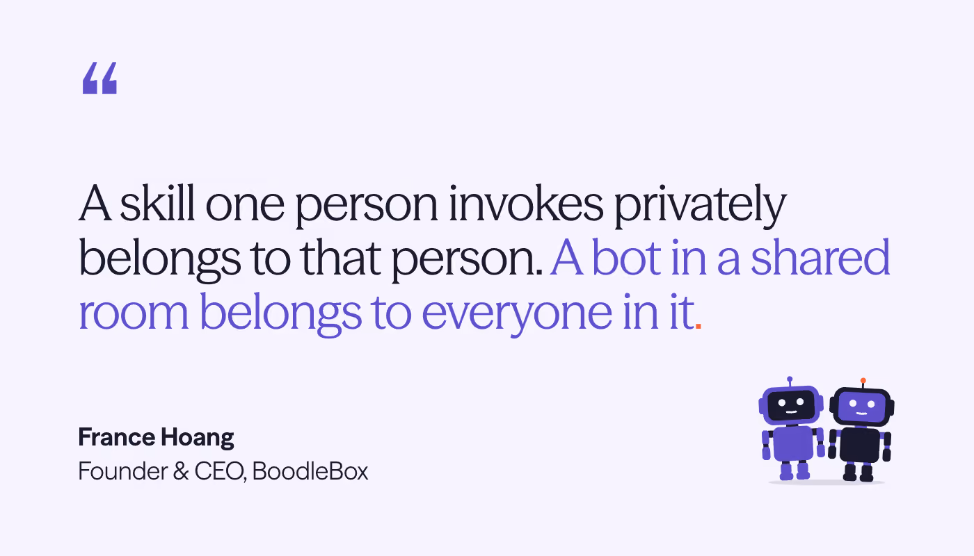 A skill one person invokes privately belongs to that person. A bot in a shared room belongs to everyone in it. France Hoang, Founder and CEO, BoodleBox