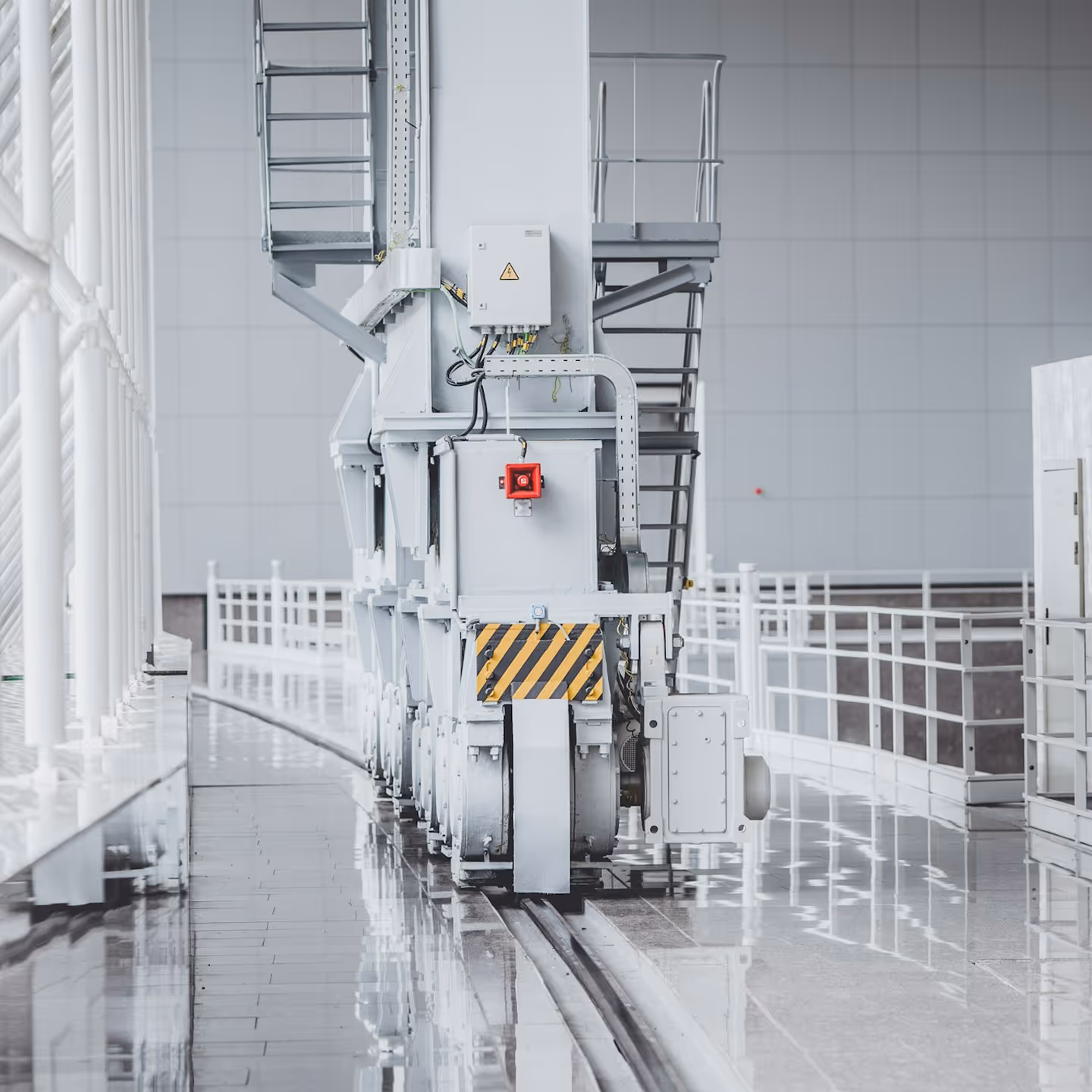Large industrial machine with wheels on floor tracks inside a spacious, bright facility.