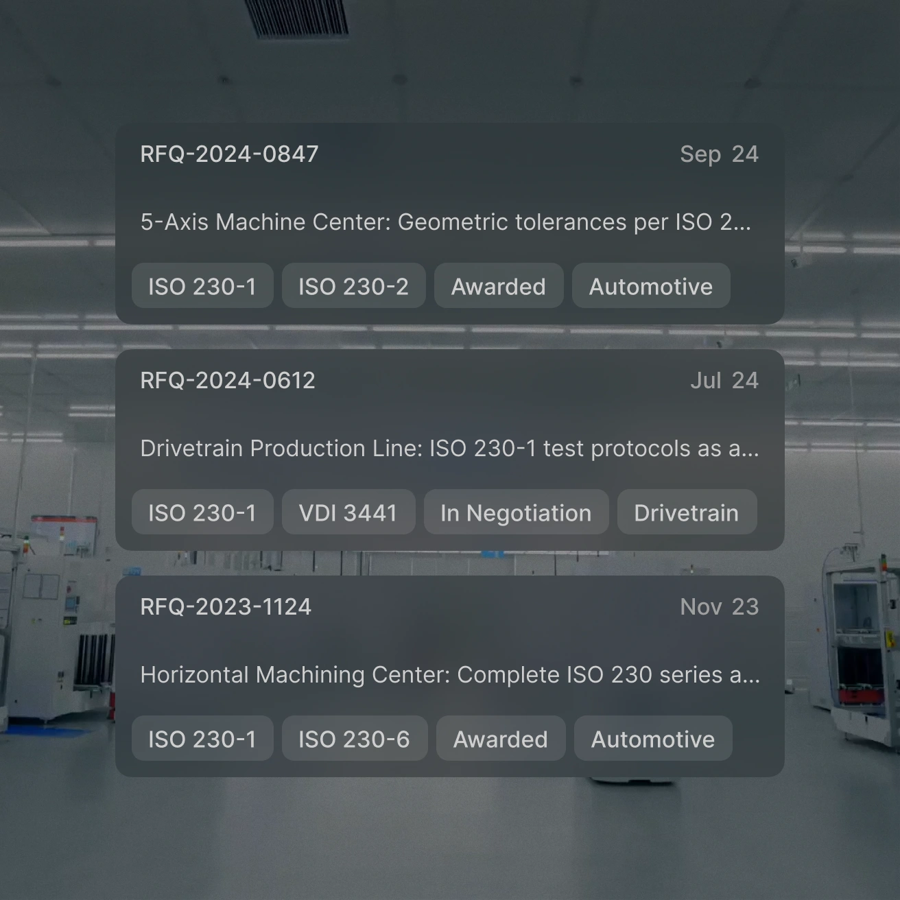 Three requests for quotes in a factory, detailing machine centers with ISO 230 tags, dates, and status.