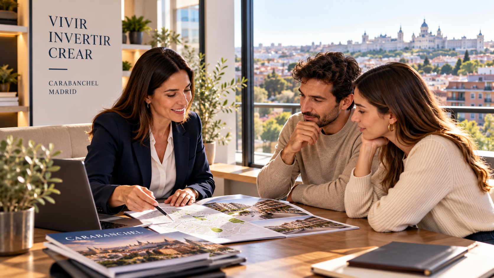 Asesor inmobiliario acompañando a compradores