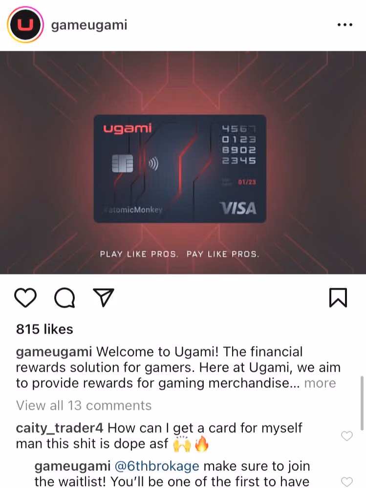 Gaming startup Ugami Instagram Post
