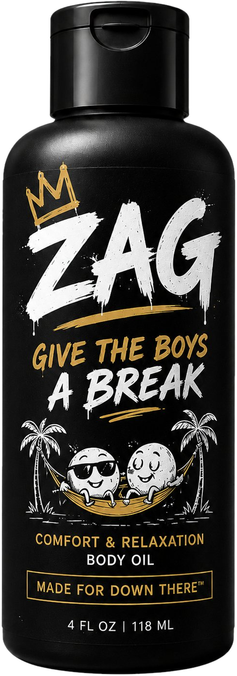 ZAG comfort and relaxation body oil bottle — Give The Boys A Break