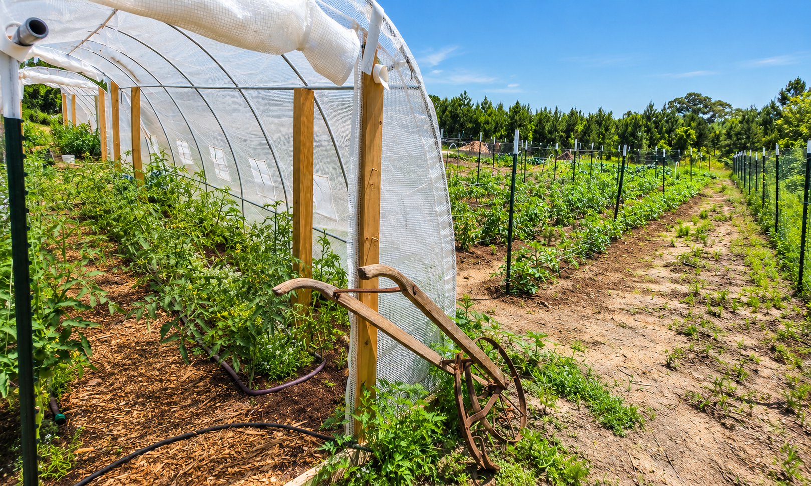 Rows of vegetable plants growing beside a high tunnel.