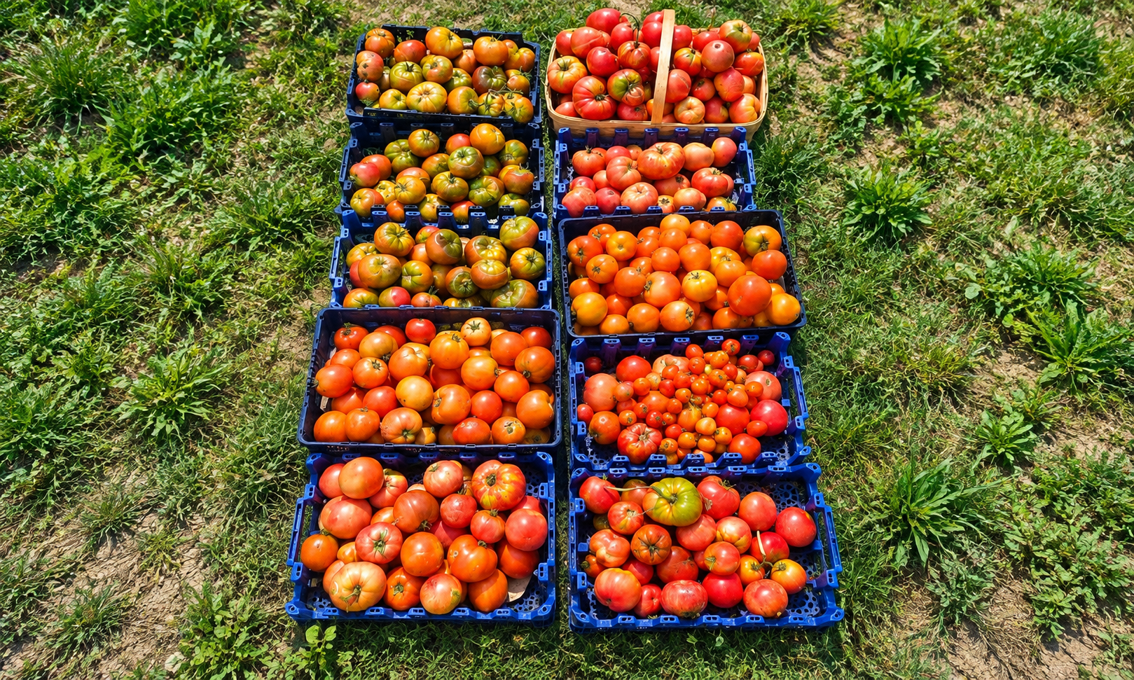 Crates filled with red and orange tomatoes set between crop rows.