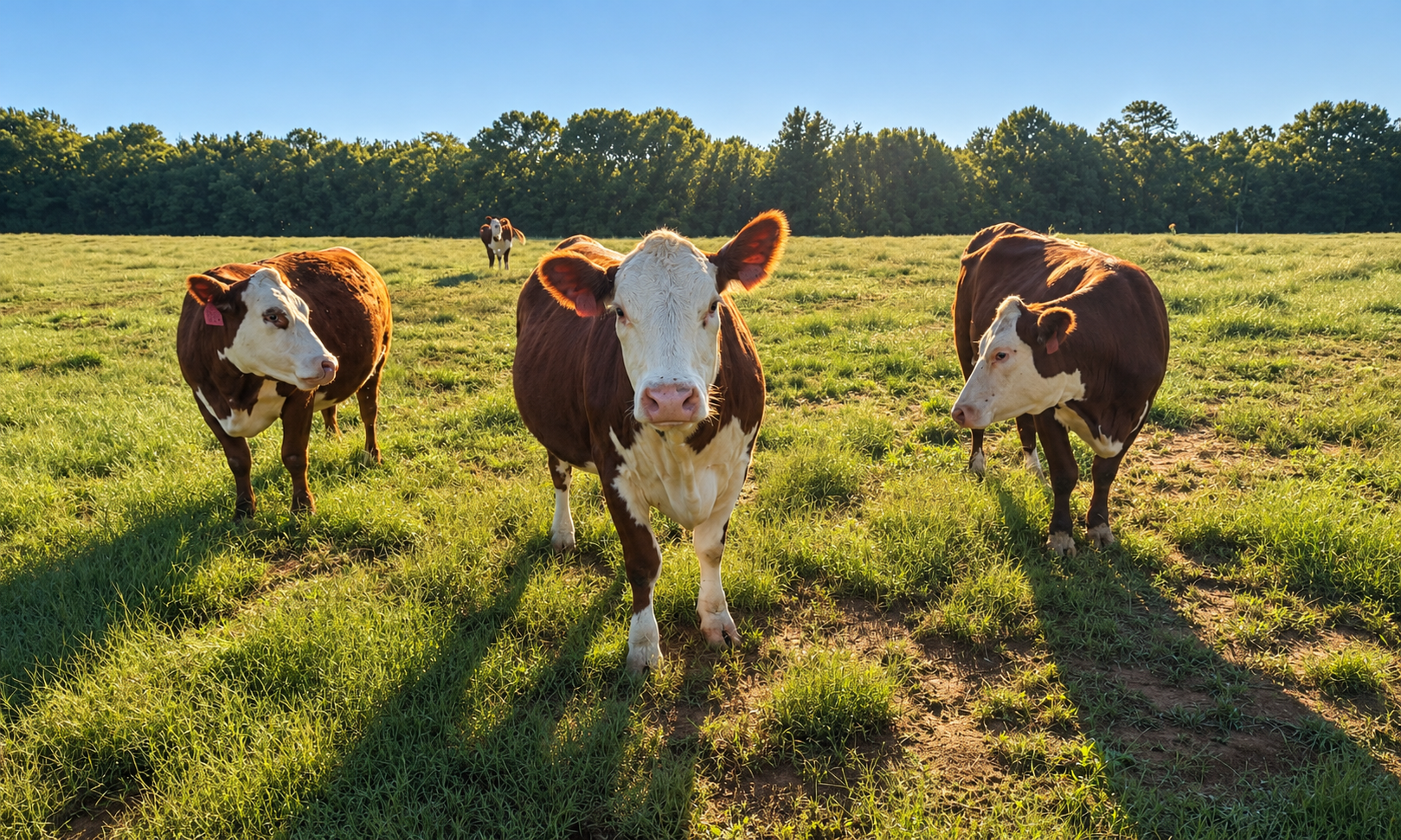 Hereford cattle standing in a grassy pasture beside a pond in evening sunlight.