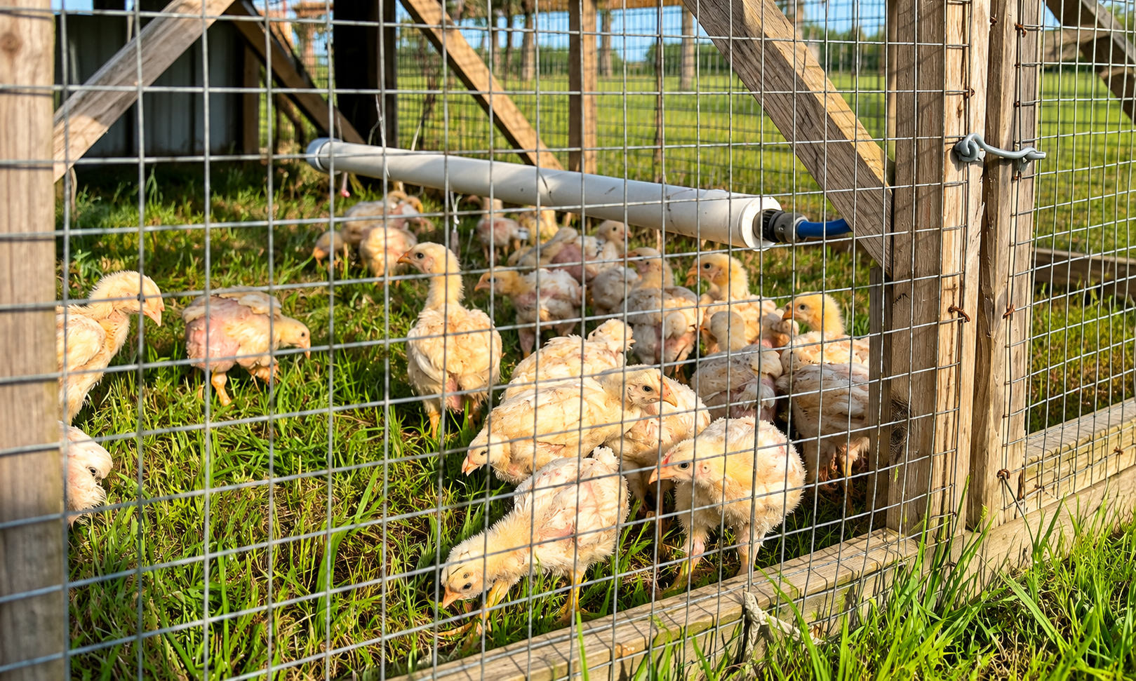 Poultry gathered in a grass enclosure behind wire fencing.