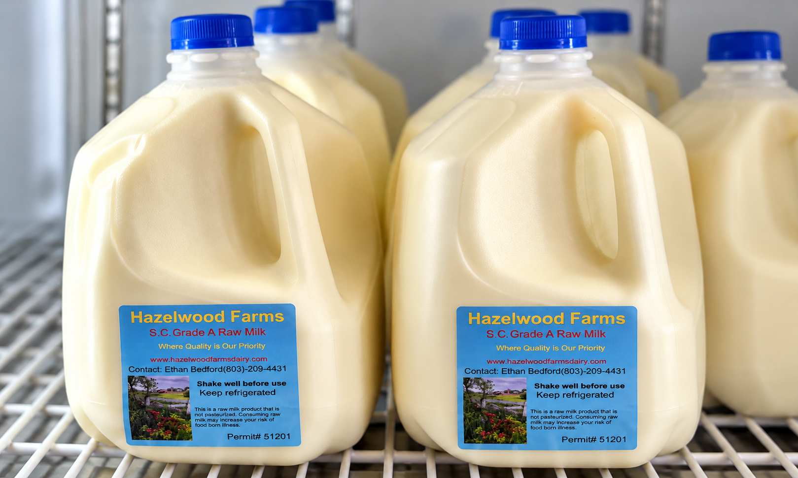 Jugs of Hazelwood Farms Grade A raw milk with blue caps and labels.
