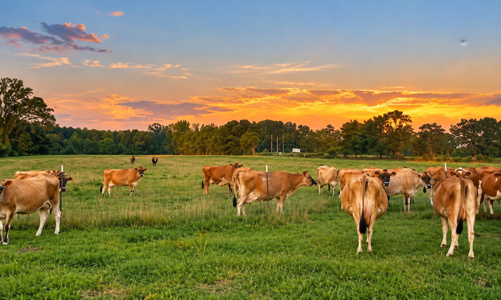 Cows grazing in pasture beneath a colorful sunset.