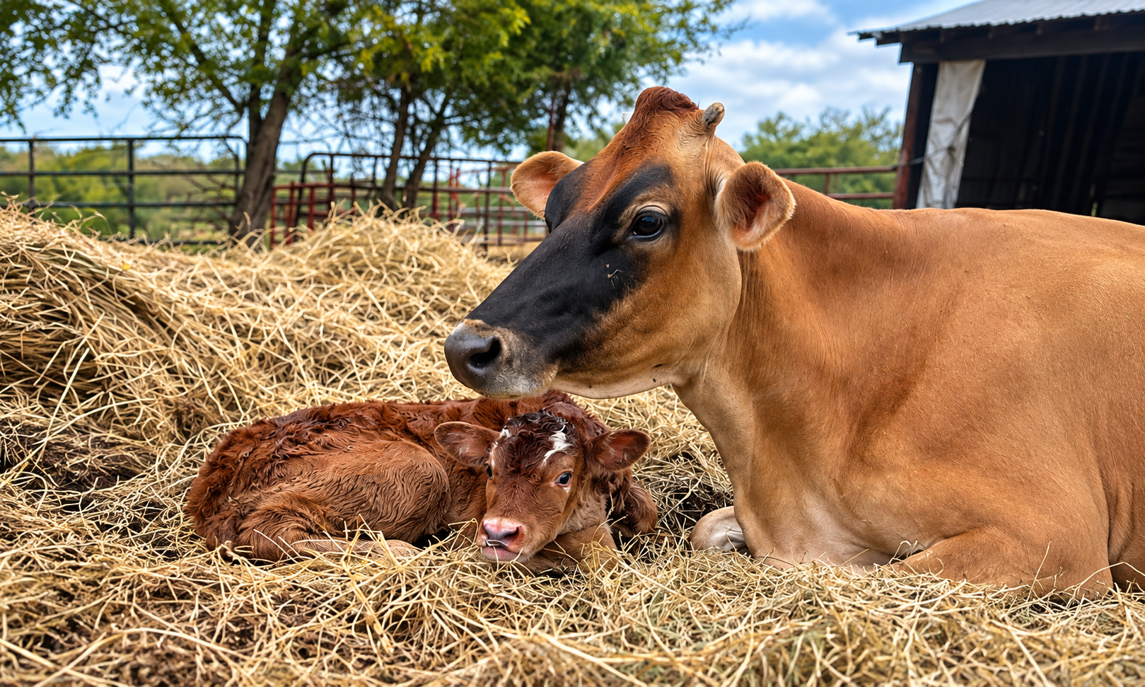 A brown cow beside a young calf resting on straw.