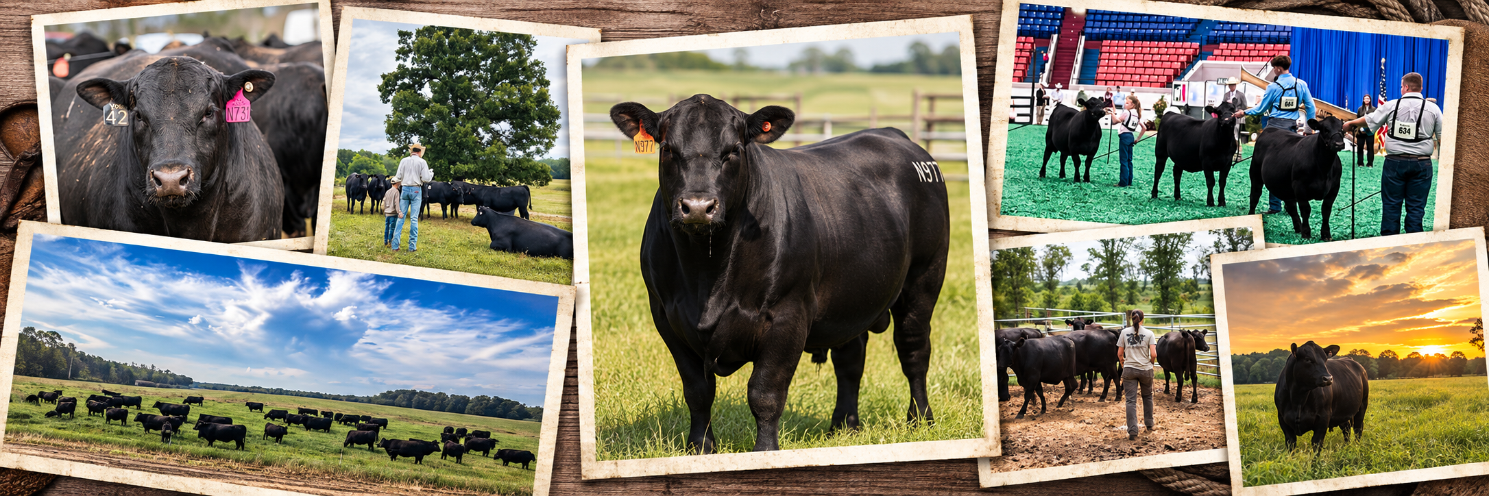 Collage of Yon Family Farms Angus cattle, pasture and family farm scenes.