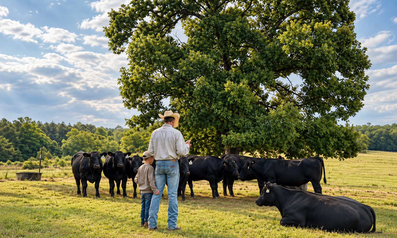 A person standing among black cattle beneath a large pasture tree.