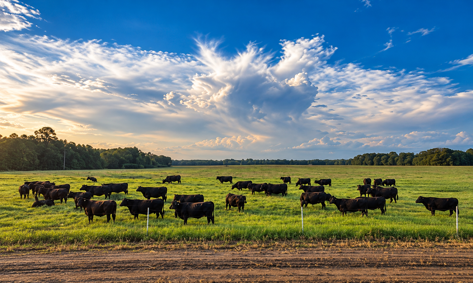 Black cattle spread across a green pasture beneath a bright sky.