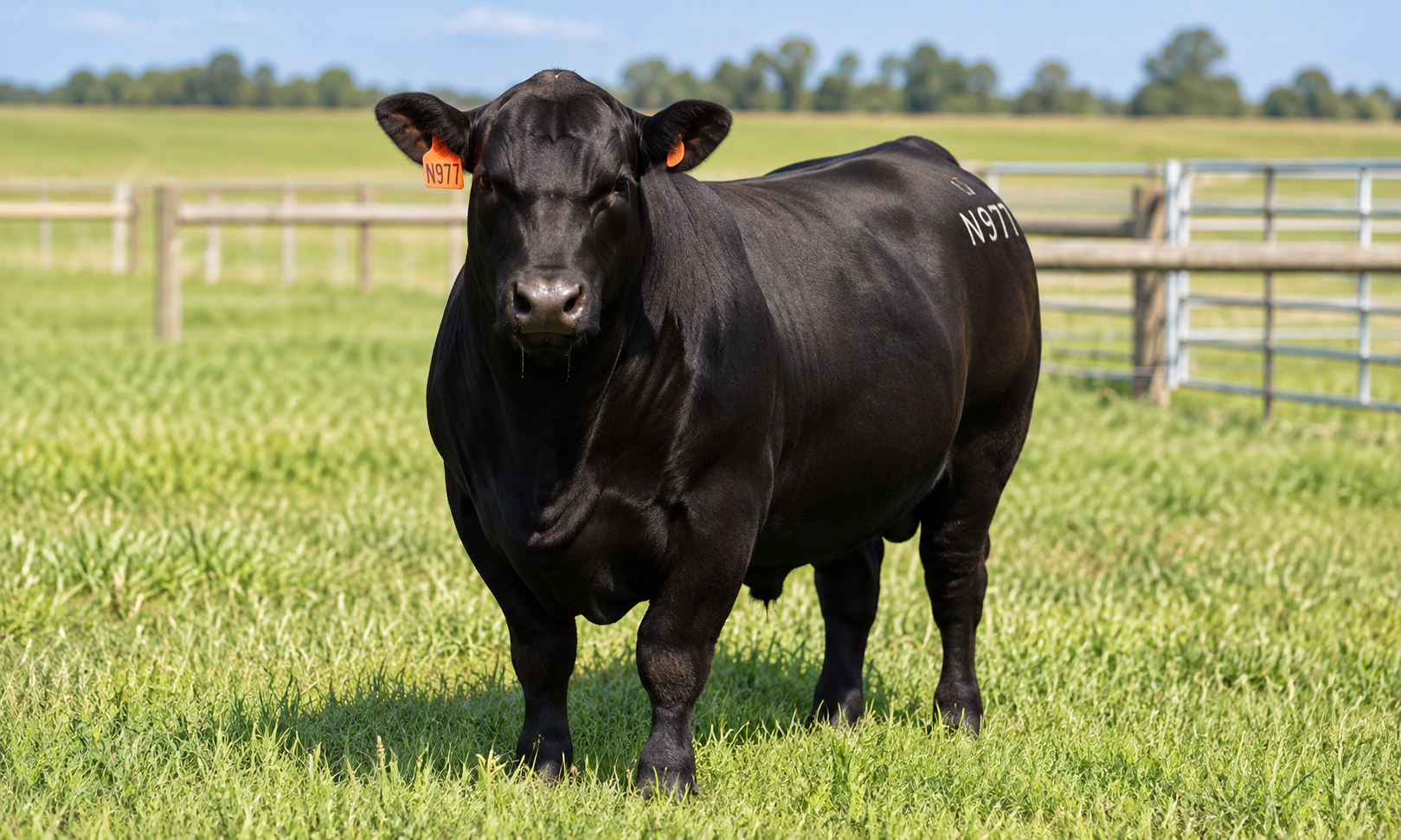 A black bull facing the camera in grass beside a fence.