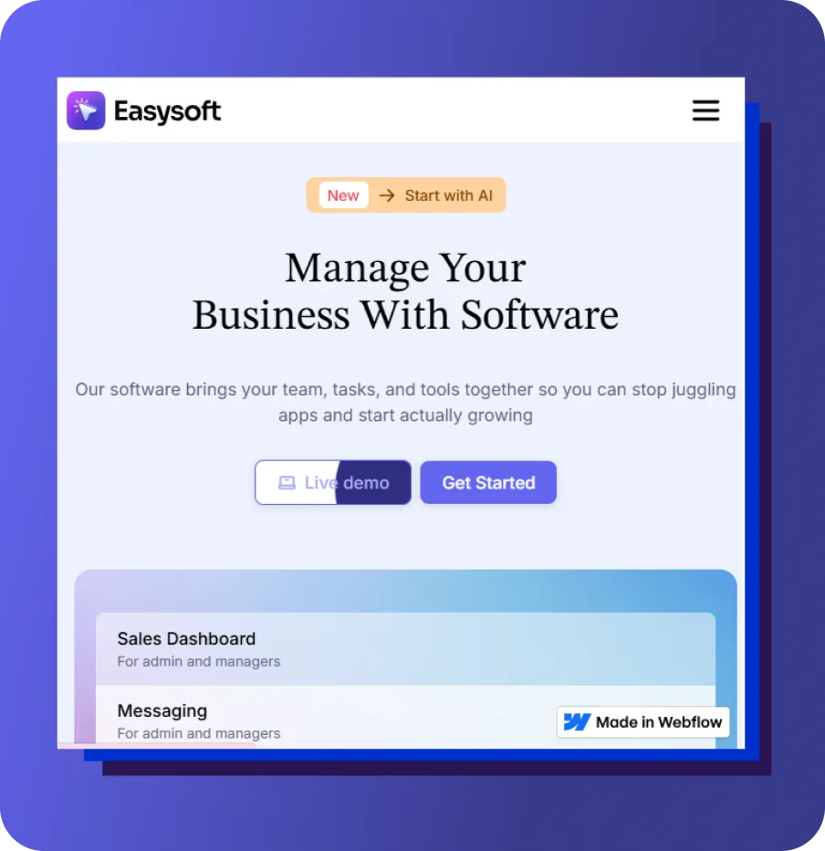 Easysoft homepage showing software for managing business with team and task tools, buttons for demo and start.