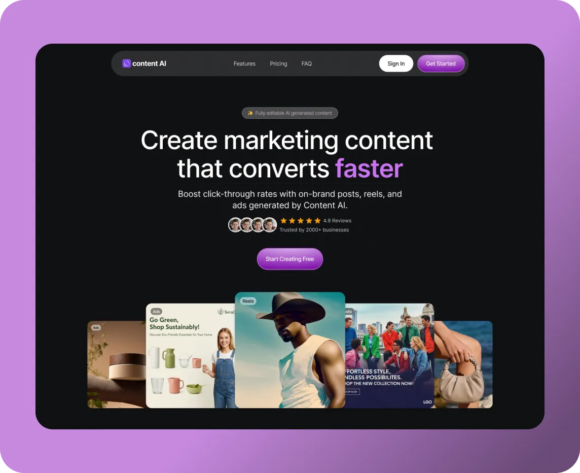 Content AI homepage showing marketing content creation with a purple 'Start Creating Free' button.